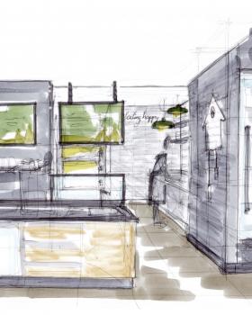 Entwurfsskizze Theke - Durchblick in die Vorbereitung/ zum Ofen