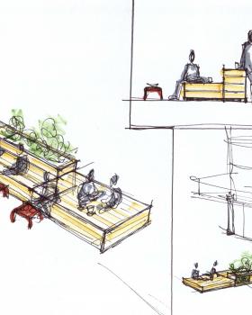 Entwurfsskizze bepflanzte Sitzinsel für die Terrasse